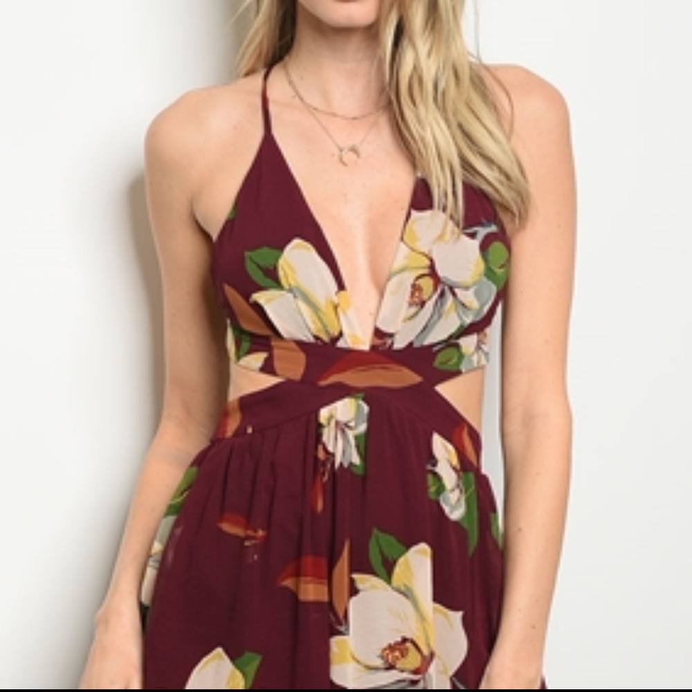 LAST 1 BURGUNDY FLORAL PRINT MAXI DRESS - Picture 3 of 4